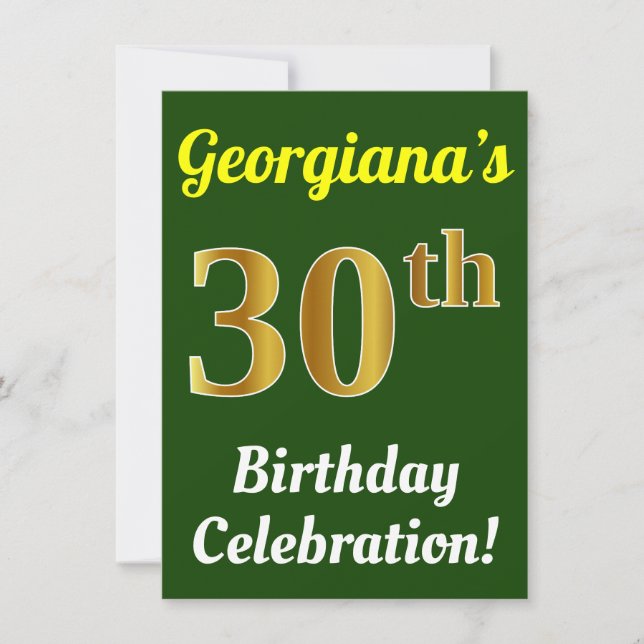 Green, Faux Gold 30th Birthday Celebration + Name Invitation (Front)