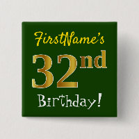 Green, Faux Gold 32nd Birthday, With Custom Name