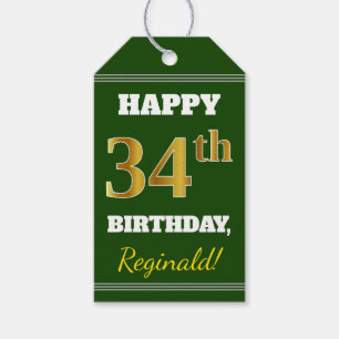 Green, Faux Gold 34th Birthday + Custom Name Gift Tags