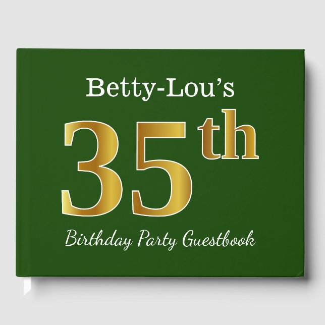 Green, Faux Gold 35th Birthday Party + Custom Name Guest Book (Front)