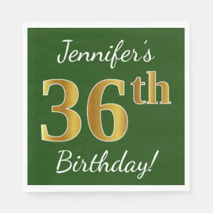Green, Faux Gold 36th Birthday + Custom Name Napkin