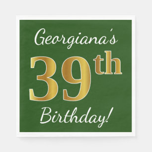 Green, Faux Gold 39th Birthday + Custom Name Napkin