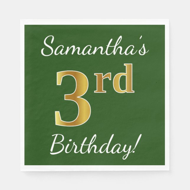 Green, Faux Gold 3rd Birthday + Custom Name Napkin (Front)