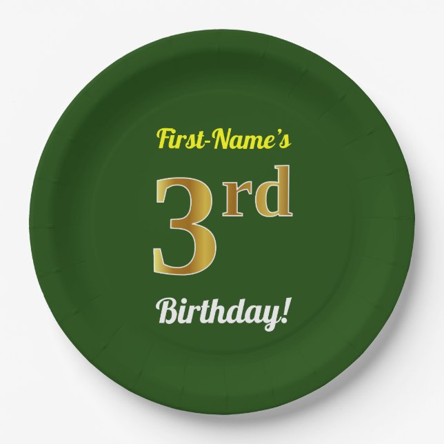 Green, Faux Gold 3rd Birthday + Custom Name Paper Plate (Front)