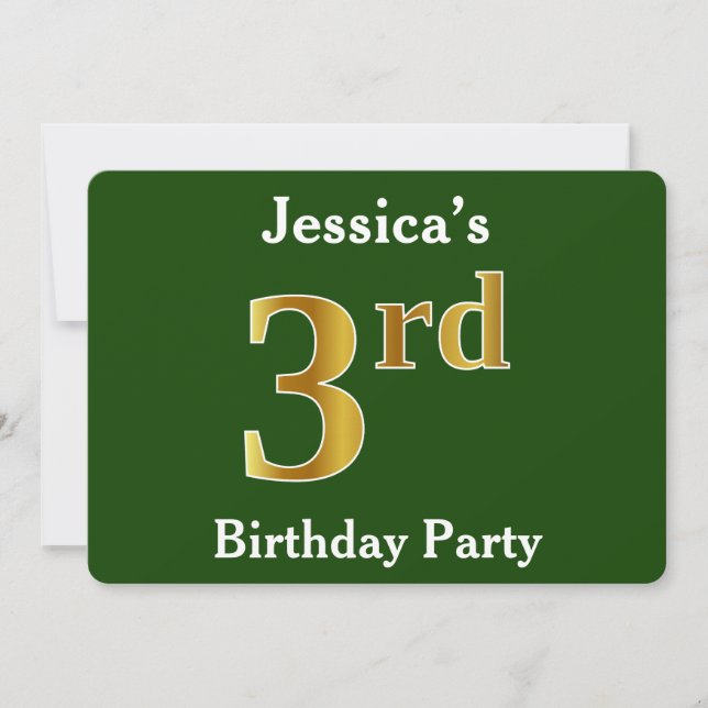Green, Faux Gold 3rd Birthday Party + Custom Name Invitation (Front)
