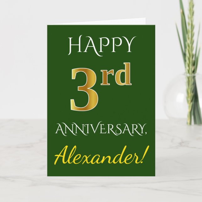 Green, Faux Gold 3rd Wedding Anniversary + Name Card (Front)