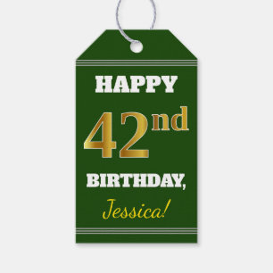 Green, Faux Gold 42nd Birthday + Custom Name Gift Tags