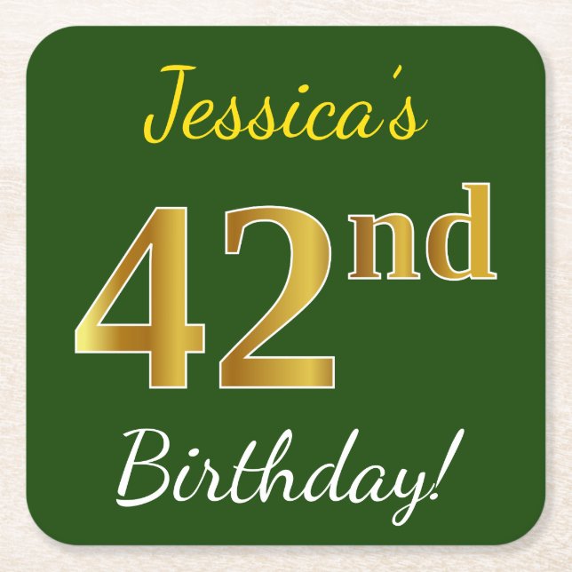 Green, Faux Gold 42nd Birthday + Custom Name Square Paper Coaster (Front)