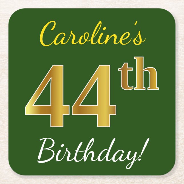 Green, Faux Gold 44th Birthday + Custom Name Square Paper Coaster (Front)