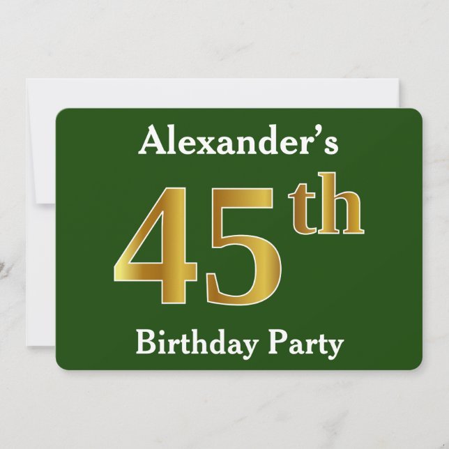 Green, Faux Gold 45th Birthday Party + Custom Name Invitation (Front)