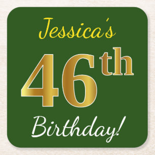 Green, Faux Gold 46th Birthday + Custom Name Square Paper Coaster