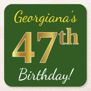 Green, Faux Gold 47th Birthday + Custom Name Square Paper Coaster