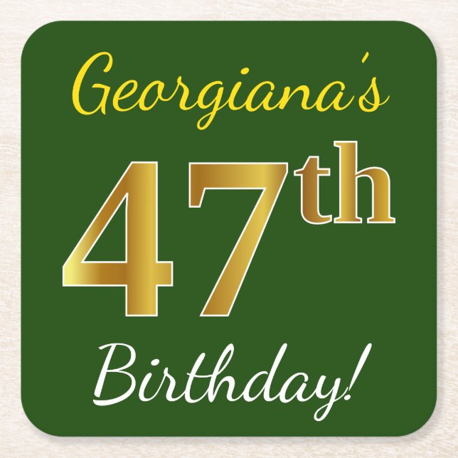 Green, Faux Gold 47th Birthday + Custom Name Square Paper Coaster (Front)