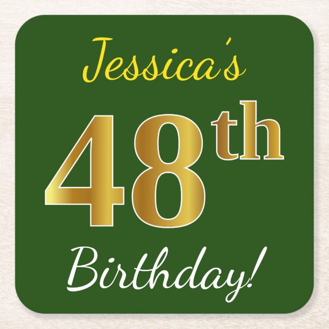 Green, Faux Gold 48th Birthday + Custom Name Square Paper Coaster (Front)