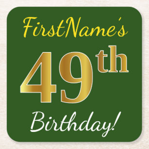Green, Faux Gold 49th Birthday + Custom Name Square Paper Coaster