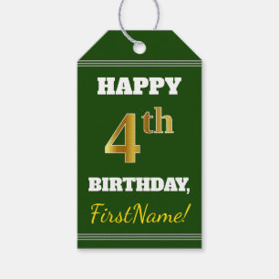 Green, Faux Gold 4th Birthday + Custom Name Gift Tags