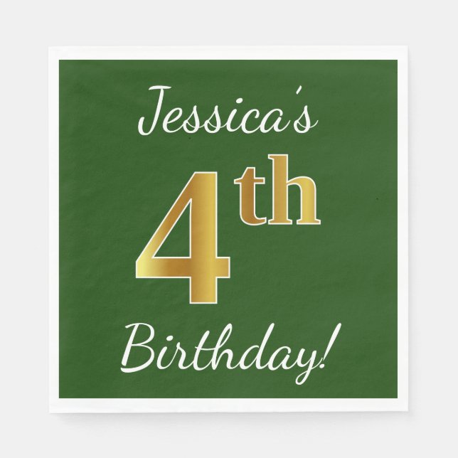 Green, Faux Gold 4th Birthday + Custom Name Napkin (Front)