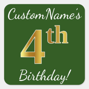 Green, Faux Gold 4th Birthday + Custom Name Square Sticker