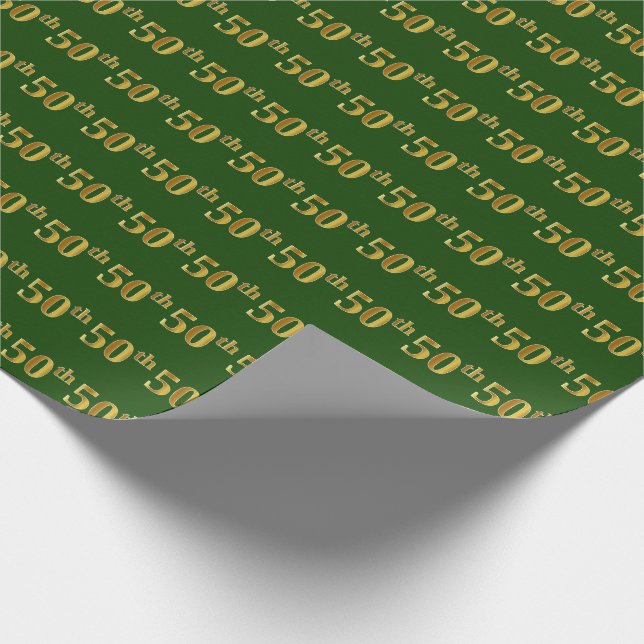 Green, Faux Gold 50th (Fiftieth) Event Wrapping Paper (Corner)