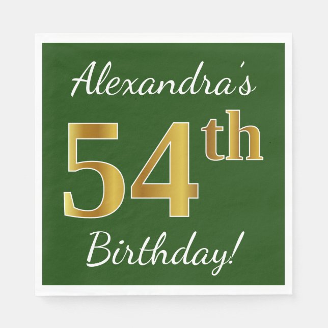 Green, Faux Gold 54th Birthday + Custom Name Napkin (Front)