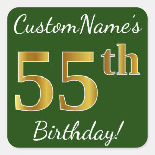 Green, Faux Gold 55th Birthday + Custom Name Square Sticker