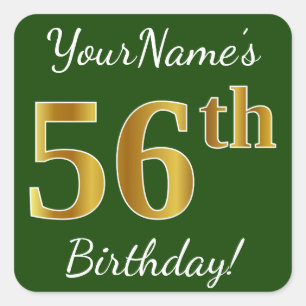 Green, Faux Gold 56th Birthday + Custom Name Square Sticker