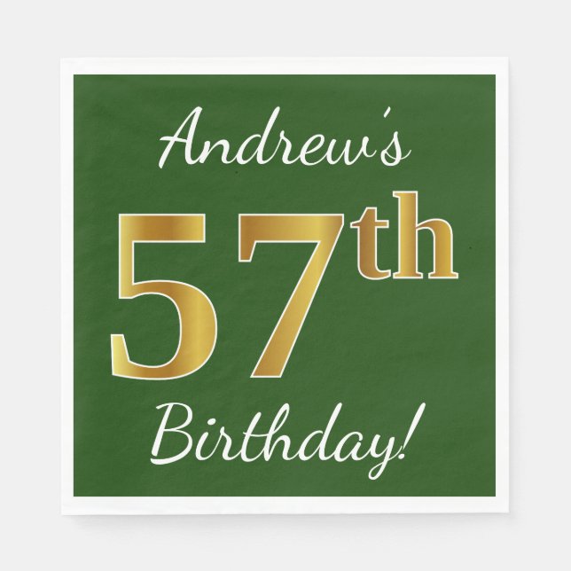 Green, Faux Gold 57th Birthday + Custom Name Napkin (Front)