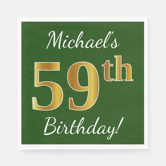 Green, Faux Gold 59th Birthday + Custom Name Napkin (Front)