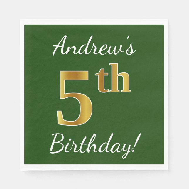 Green, Faux Gold 5th Birthday + Custom Name Napkin (Front)