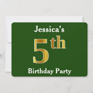 Green, Faux Gold 5th Birthday Party + Custom Name Invitation
