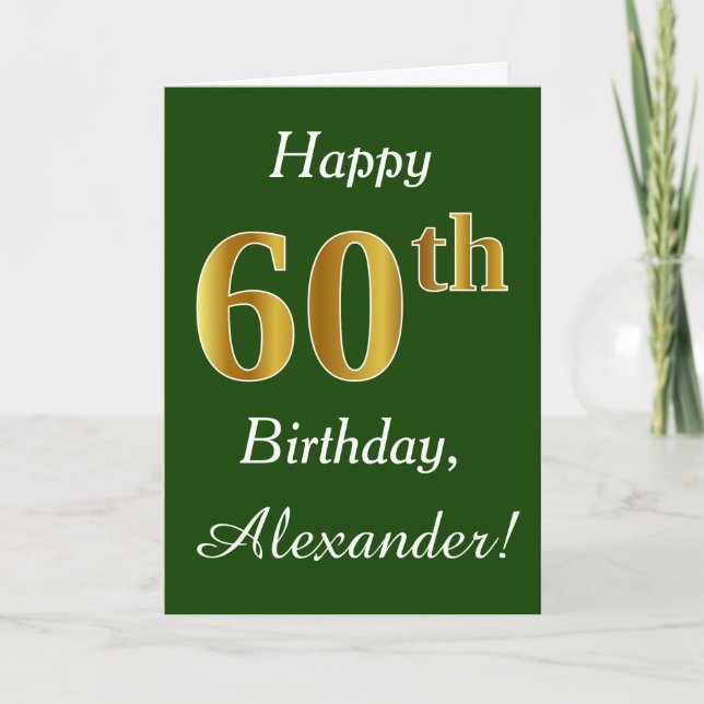 Green, Faux Gold 60th Birthday + Custom Name Card (Front)