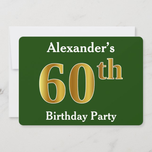 Green, Faux Gold 60th Birthday Party + Custom Name Invitation (Front)