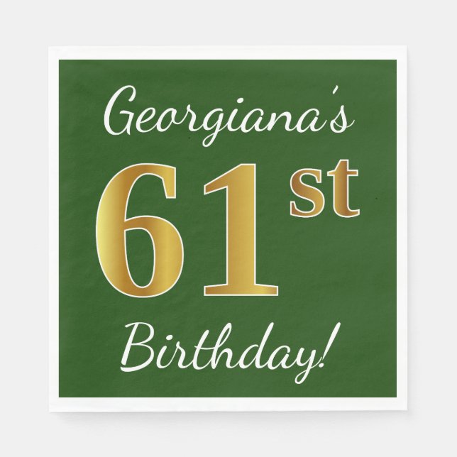 Green, Faux Gold 61st Birthday + Custom Name Napkin (Front)