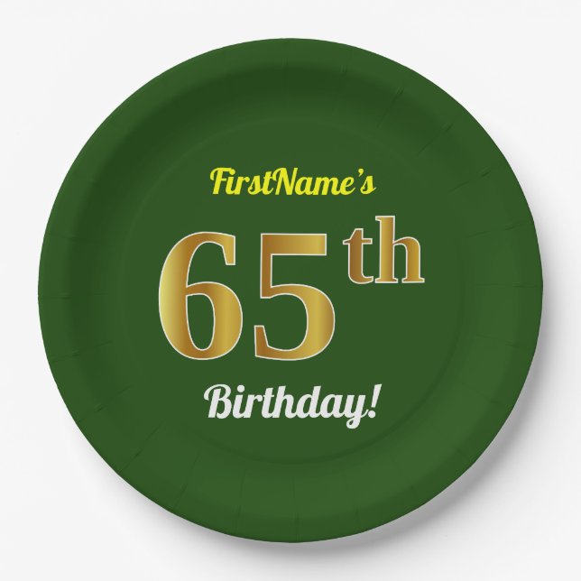 Green, Faux Gold 65th Birthday + Custom Name Paper Plate (Front)