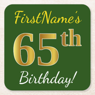 Green, Faux Gold 65th Birthday + Custom Name Square Paper Coaster