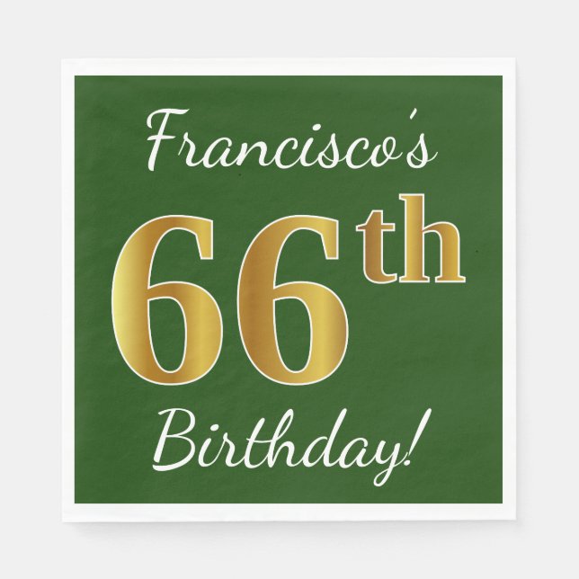 Green, Faux Gold 66th Birthday + Custom Name Napkin (Front)