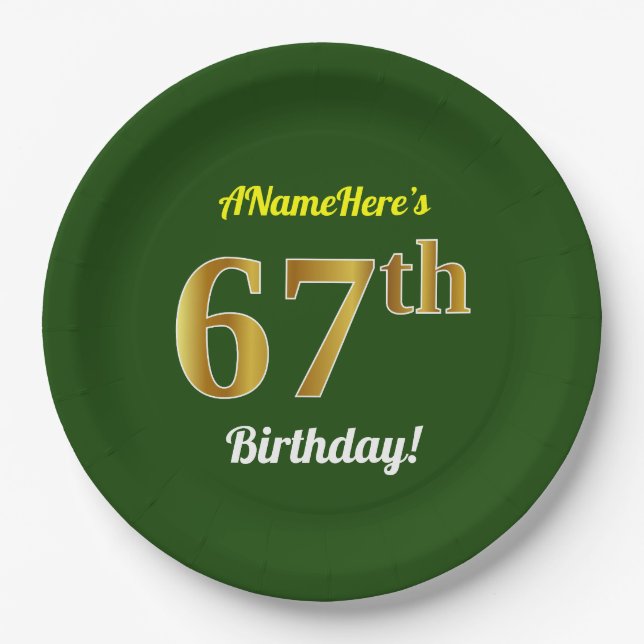Green, Faux Gold 67th Birthday + Custom Name Paper Plate (Front)