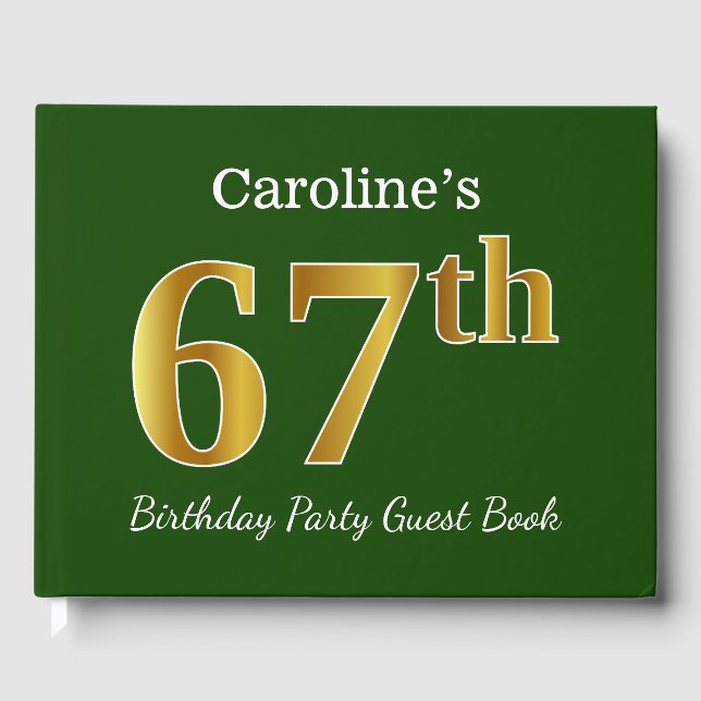 Green, Faux Gold 67th Birthday Party + Custom Name Guest Book (Front)