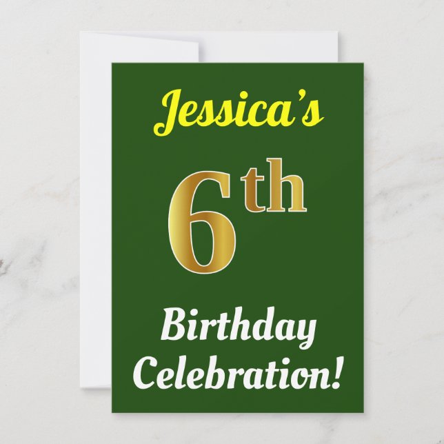 Green, Faux Gold 6th Birthday Celebration + Name Invitation (Front)