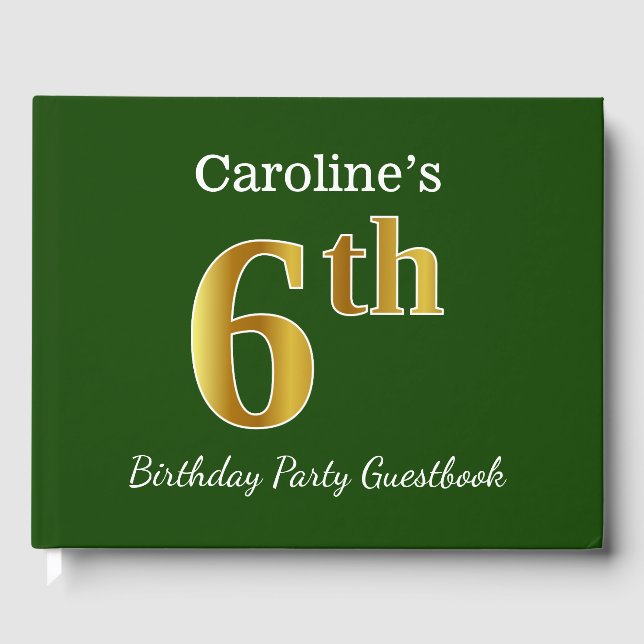 Green, Faux Gold 6th Birthday Party + Custom Name Guest Book (Front)