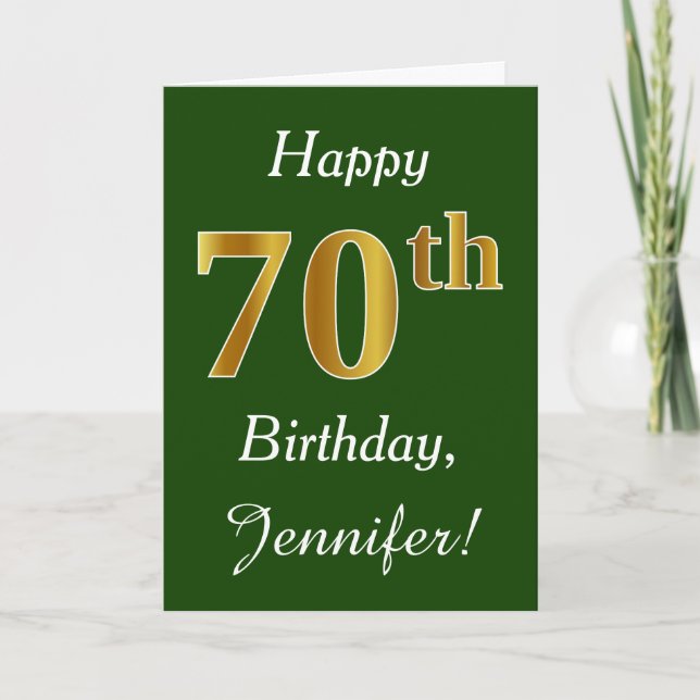 Green, Faux Gold 70th Birthday + Custom Name Card (Front)