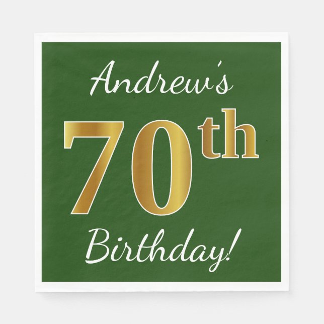 Green, Faux Gold 70th Birthday + Custom Name Napkin (Front)