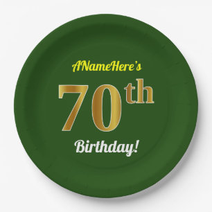 Green, Faux Gold 70th Birthday + Custom Name Paper Plate