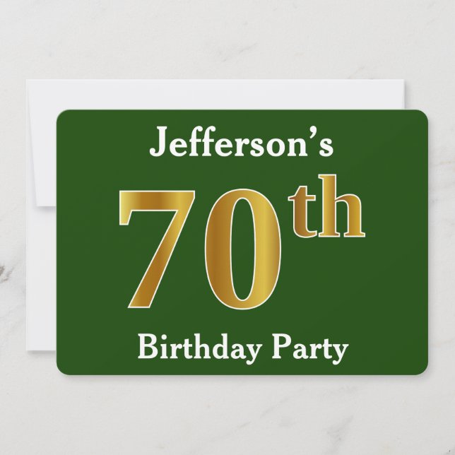 Green, Faux Gold 70th Birthday Party + Custom Name Invitation (Front)