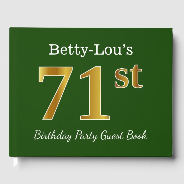 Green, Faux Gold 71st Birthday Party + Custom Name Guest Book (Front)
