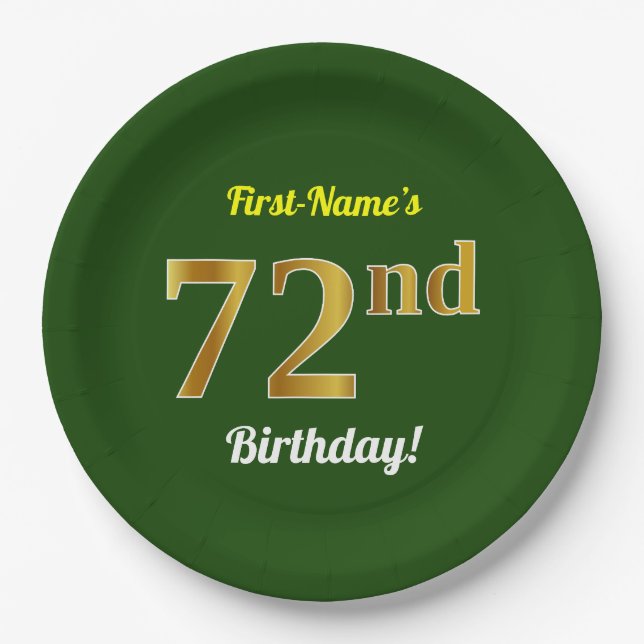 Green, Faux Gold 72nd Birthday + Custom Name Paper Plate (Front)