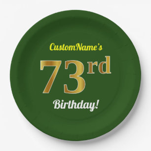 Green, Faux Gold 73rd Birthday + Custom Name Paper Plate