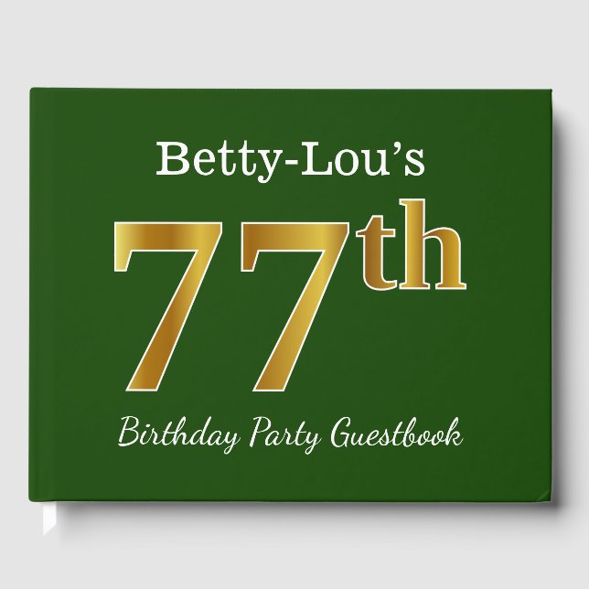 Green, Faux Gold 77th Birthday Party + Custom Name Guest Book (Front)