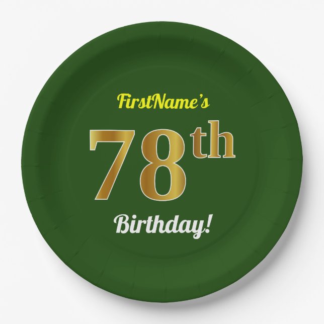 Green, Faux Gold 78th Birthday + Custom Name Paper Plate (Front)