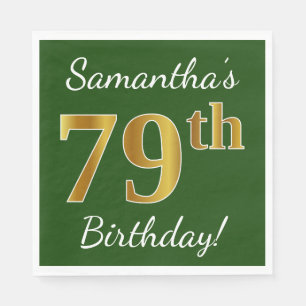 Green, Faux Gold 79th Birthday + Custom Name Napkin